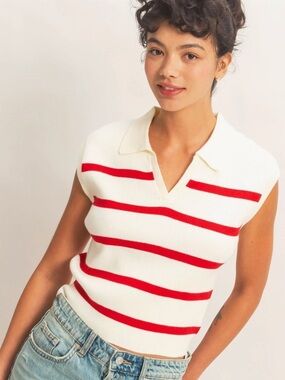 Double Zero Red and Cream Striped Sleeveless Collared Sweater Top